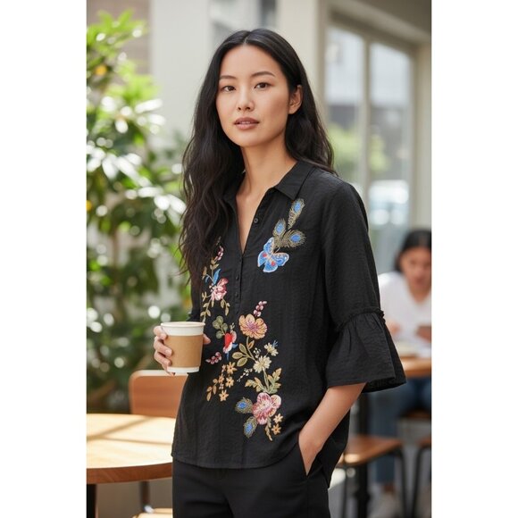 Johnny Was Tops - Johnny Was Ruffle Sleeve Henley Silk Tunic Embroidered Black Florrie Size S $255